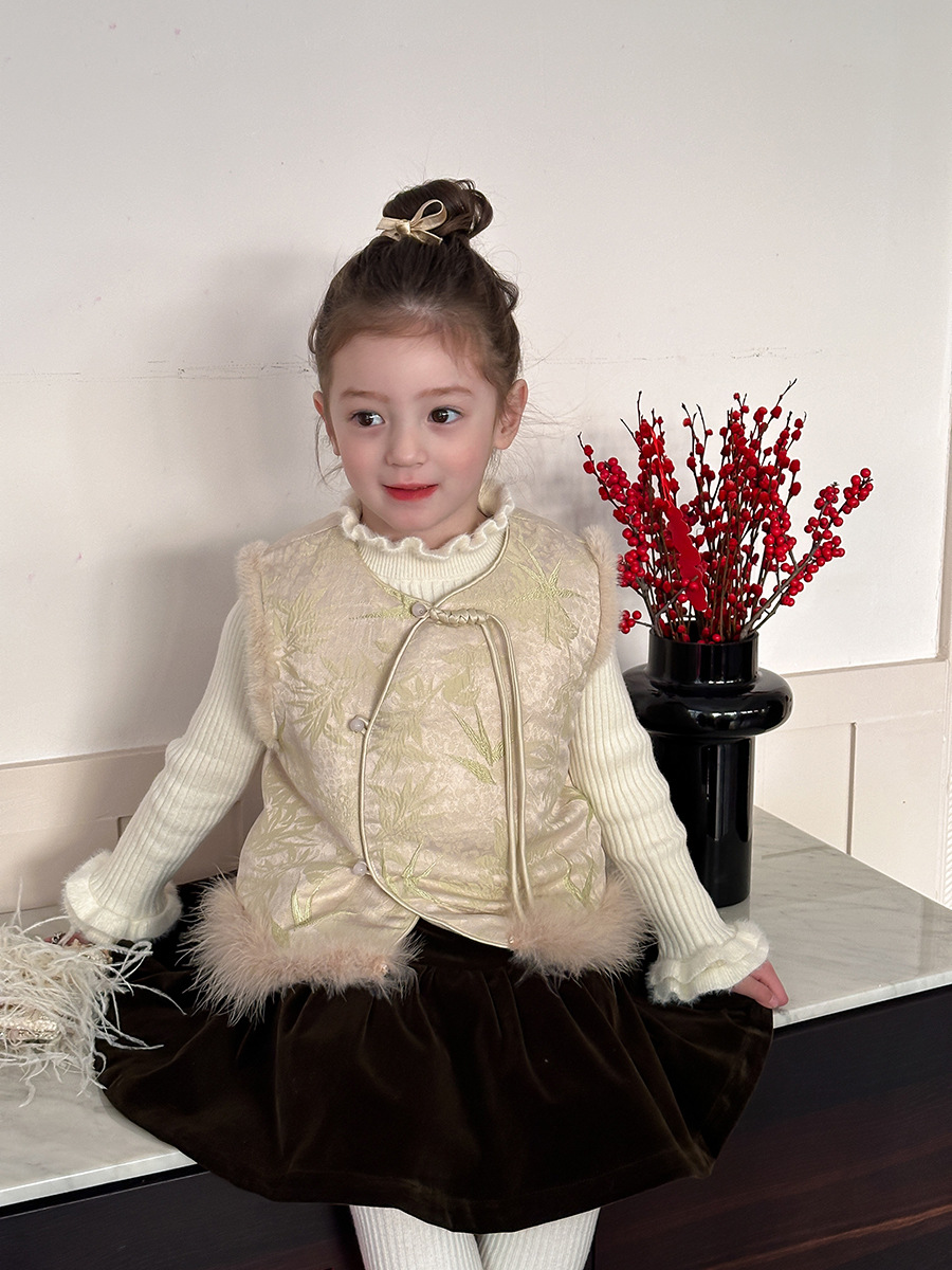 [Clearance Item] Girls' Fleece-Lined Chinese Style Satin Jacquard Thickened Vest Winter New Chinese Style Qipao Vest for New Year