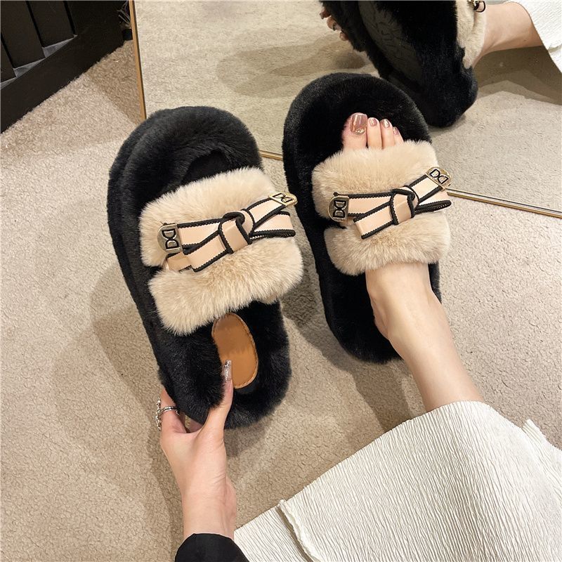 Модные универсальные меховые тапочки для женщин, осень и зима 2025 года, теплые хлопковые тапочки с увеличением роста