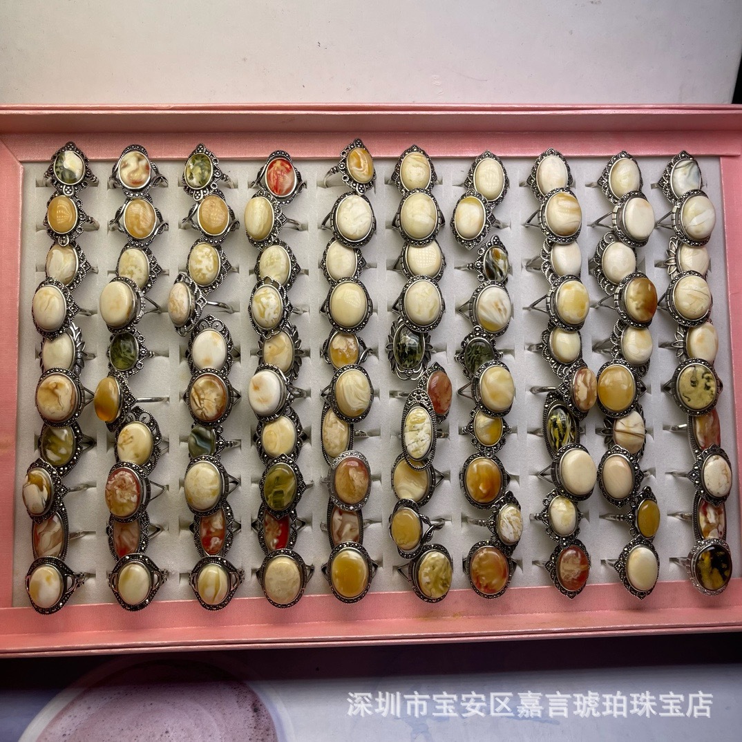 Shenzhen Songgang Factory Source Wholesale Natural Amber Beeswax Devil 925 Silver White Wax Inlaid Ring