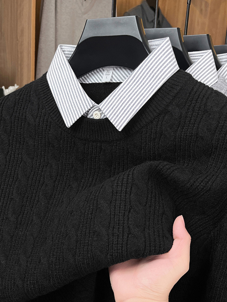 550g Men's Thickened Cardigan with Shirt Collar, Trendy Brand, Casual Loose Warm Fake Two-Piece Knitted Sweater