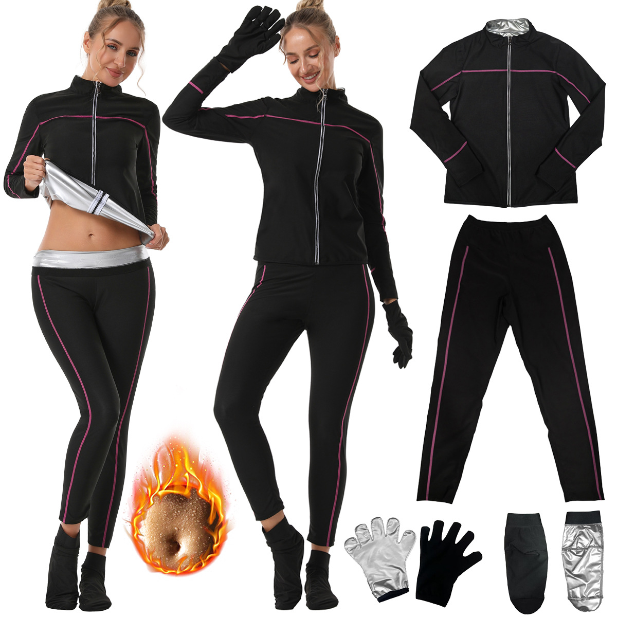 Спортивный костюм с высоким поясом, контроль живота, йога, с замком, длинный воротник