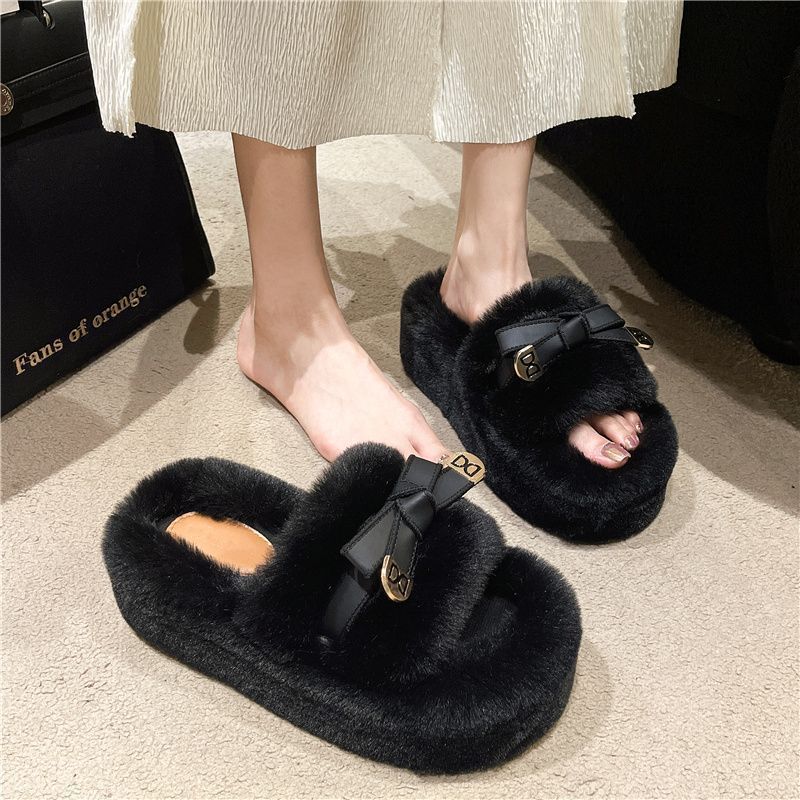 Thick-Soled Height-Increasing Plush Slippers for Women's Outer Wear 2025 New High-Looking and Tall Plush Autumn and Winter Home Cotton Slippers