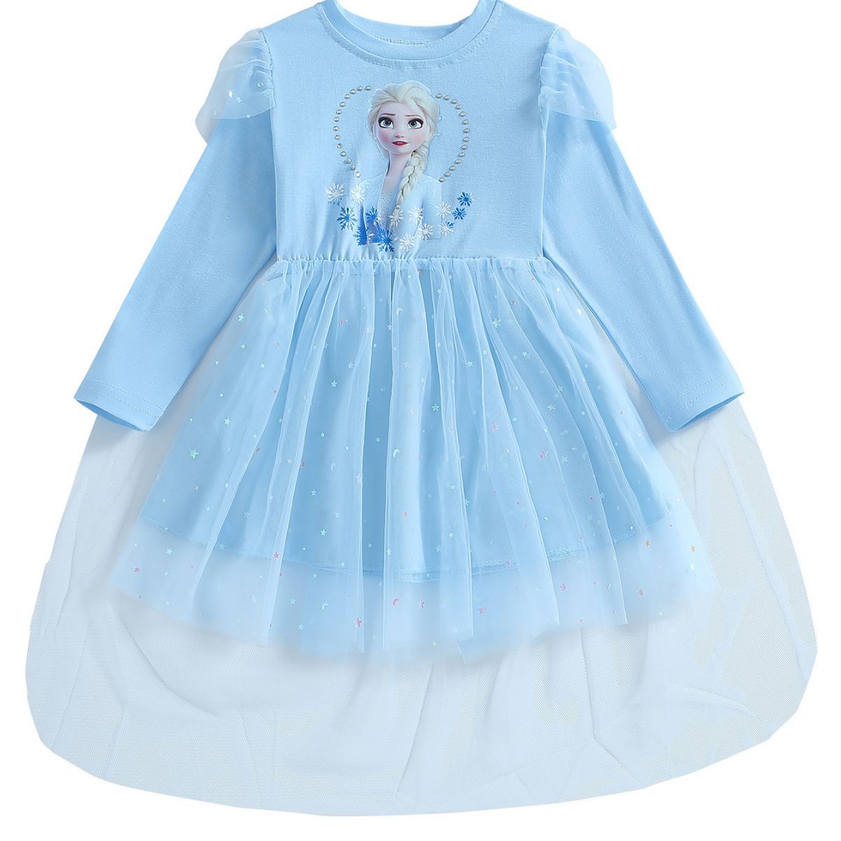 Girls' dress 2025 Autumn and Winter Baby Cotton Long Sleeve Mesh Dress Little Girl Star Princess Elsa Dress