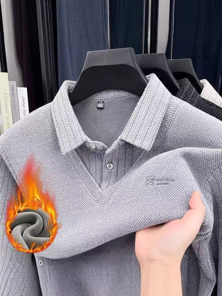 Trendy Chenille Faux Two-Piece Fleece-Lined Thickened T-Shirt Sweater for Men, New Autumn and Winter Versatile Warm Top