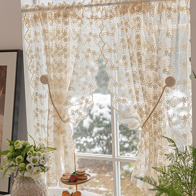 French Cream Style Lace Gauze Curtain Non-perforated Short Curtain Embroidered Half Curtain Floating Window Floor-to-ceiling Window Small Window Partition Door Curtain