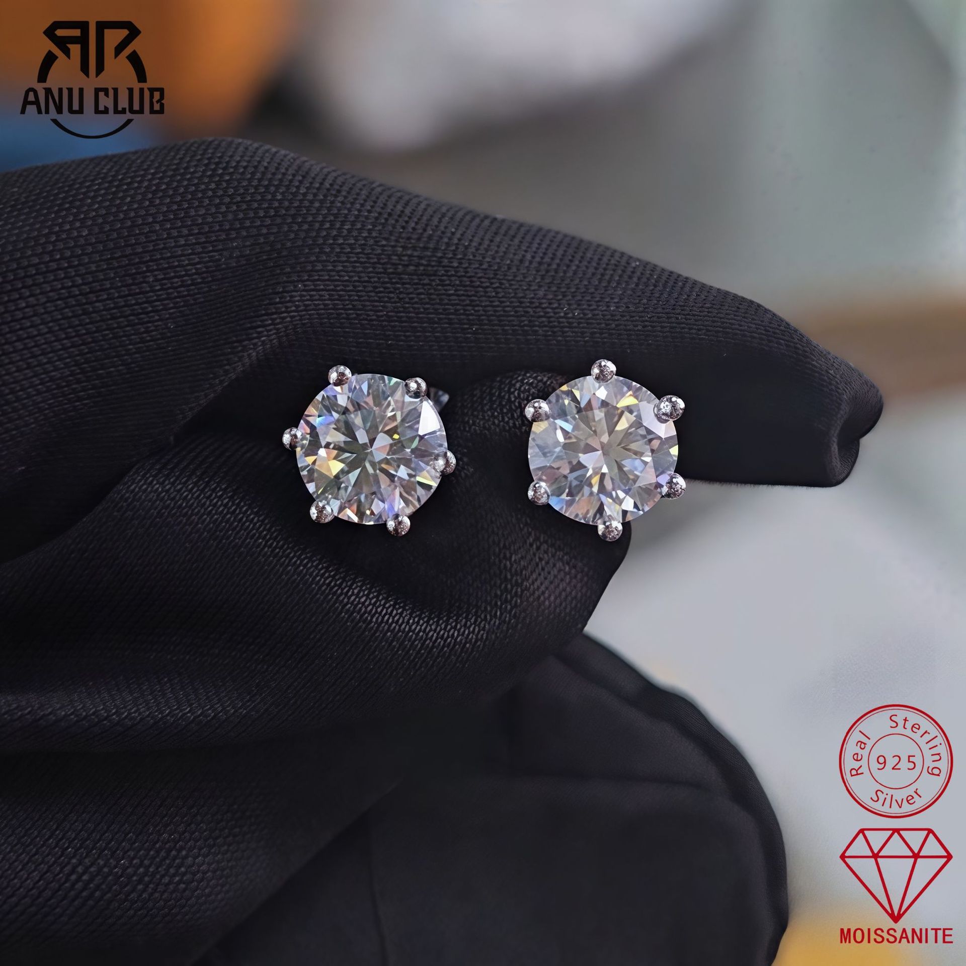 Cross-Border Classic Six-Claw Four-Claw D Color Moissanite Earrings for Women 925 Sterling Silver Earrings for Daily Use, Simple and Fashionable Ol