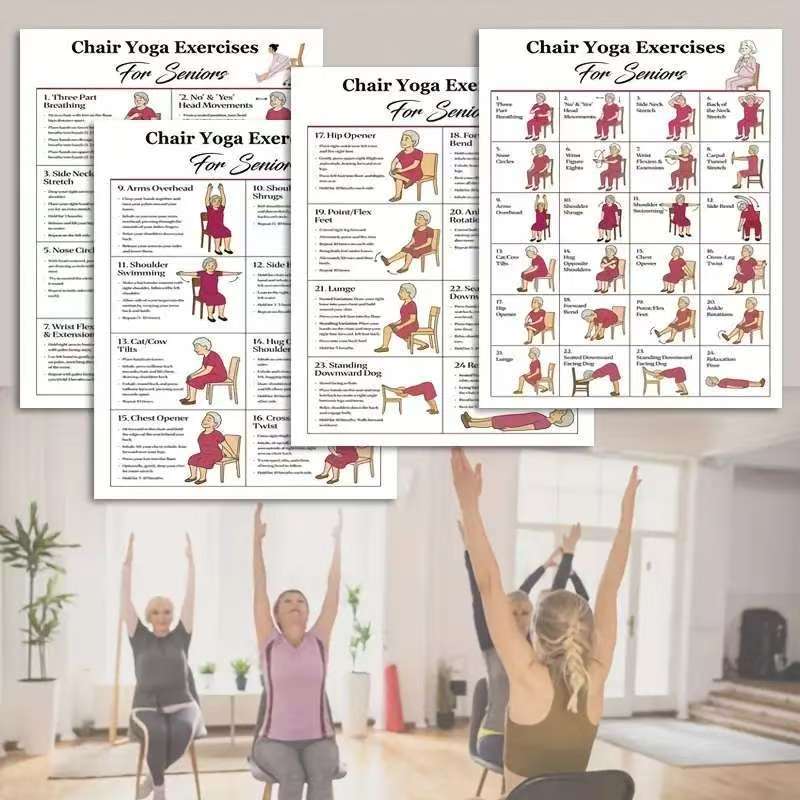 Cross-Border 4-Piece Chair Exercise Home Fitness Check-In Record 2025 New Action Yoga Poster for the Elderly