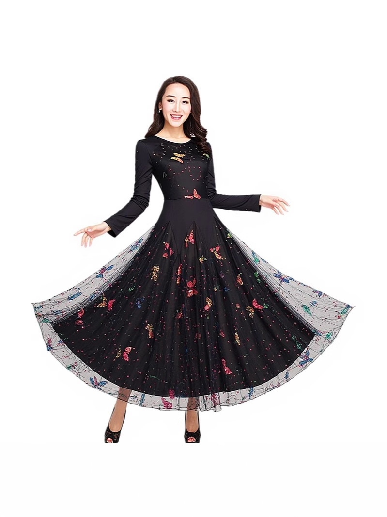 Modern Dance Skirt Dress, Large Hem Skirt, Long-Sleeved Performance Clothing, Ballroom Dance Performance Clothing, Modern Dance