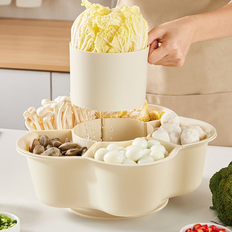 Light Luxury and Simple Rotating Hot Pot Platter for Home Use, Double-Layer Vegetable and Fruit Compartmentalized Washing and Preparation Storage Rotating Tray