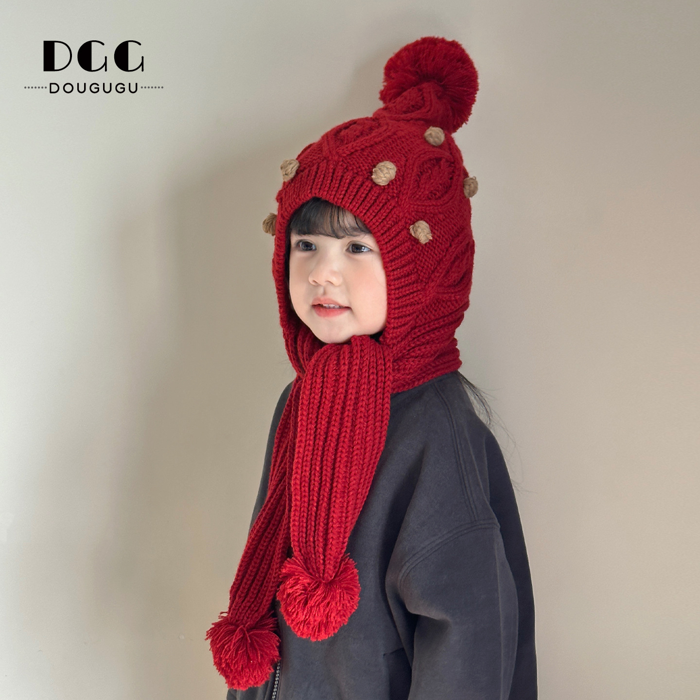 Winter Kidsren's Knitted Hat and Scarf All-In-One Fleece-Lined Warm Ear Protection Hat Korean Style New Year Red Girls' Woolen Hat
