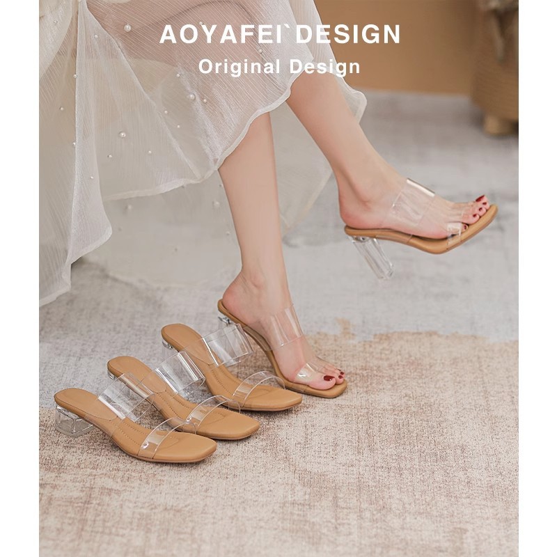 Sheepskin version ~ stepped on excrement transparent crystal high heel sandals 2025 summer new transparent with square head high heels