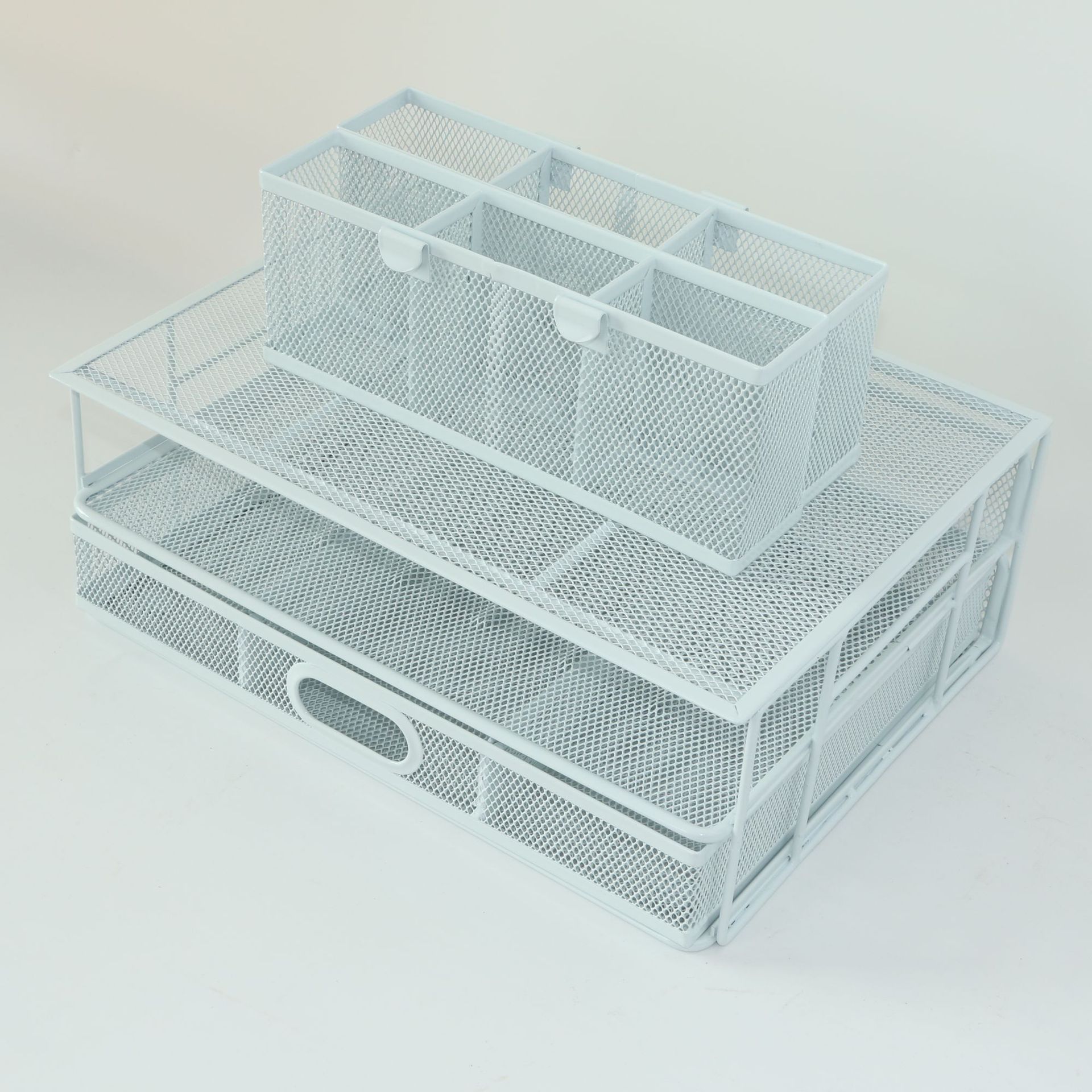 Iron net desktop computer heightening rack with two pen holders, suitable for computer printers, coffee machines, etc.