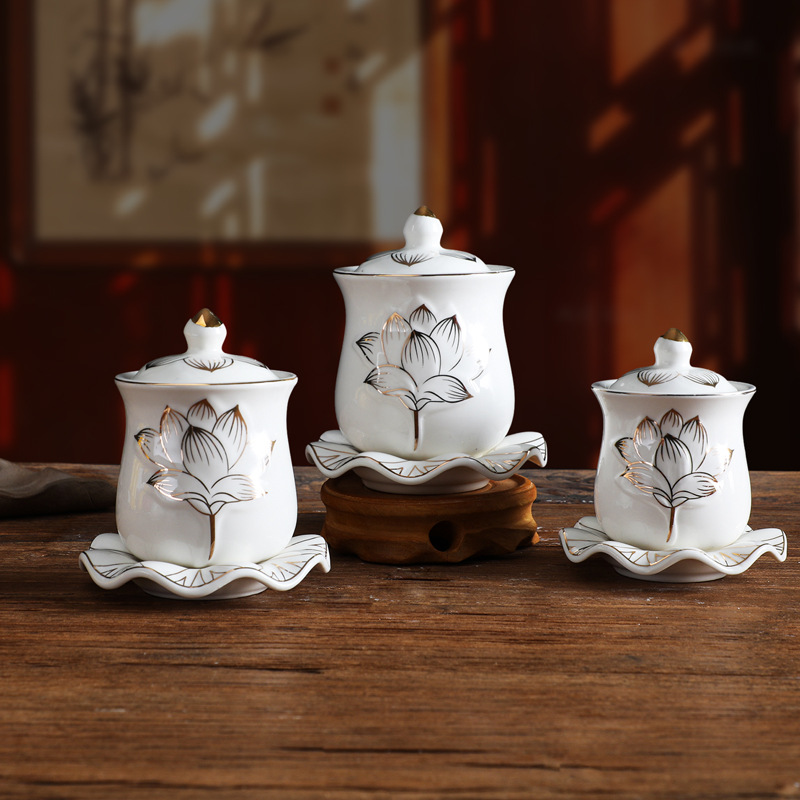 Buddha Hall Ornaments Gold Embossed Lotus Sacred Water Cup Water Supply Cup Guanyin Cup Ceramic Ornaments Buddha Supplies Cup