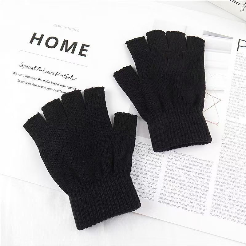 Half-Finger Autumn and Winter Student Style Gloves Korean Style Pure Color Woolen Gloves Fingerless Cotton Gloves Winter Warm Woolen Gloves