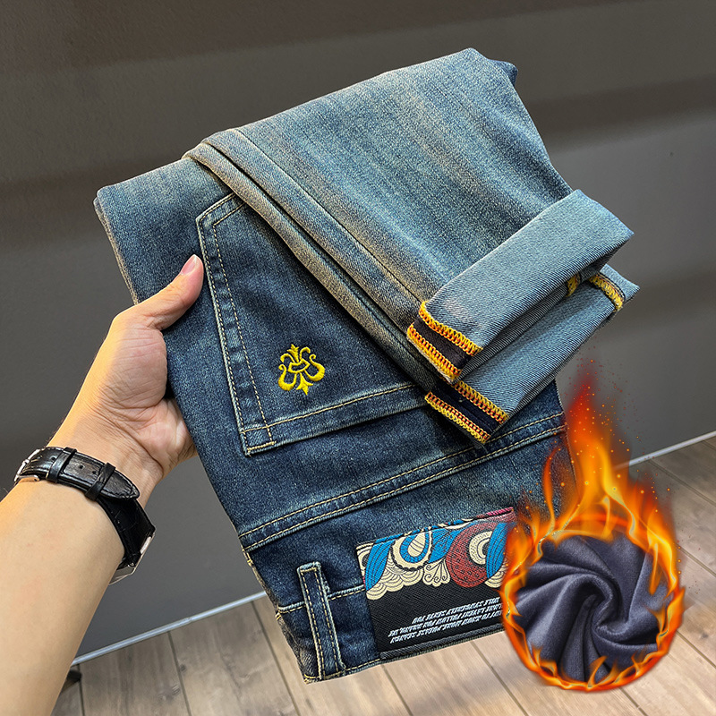 Winter Trendy Brand Fleece-Lined Jeans for Men 2025 Autumn and Winter Fashion Simple Straight-Leg Casual Versatile Warm Long Pants