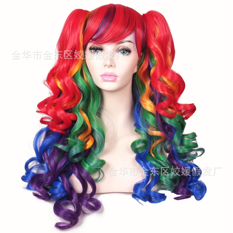 Двойной хвост, парик с длинными кудрявыми цветными волосами, европейские и американские челки, лоли, крупные волны, косплей парик для женщин