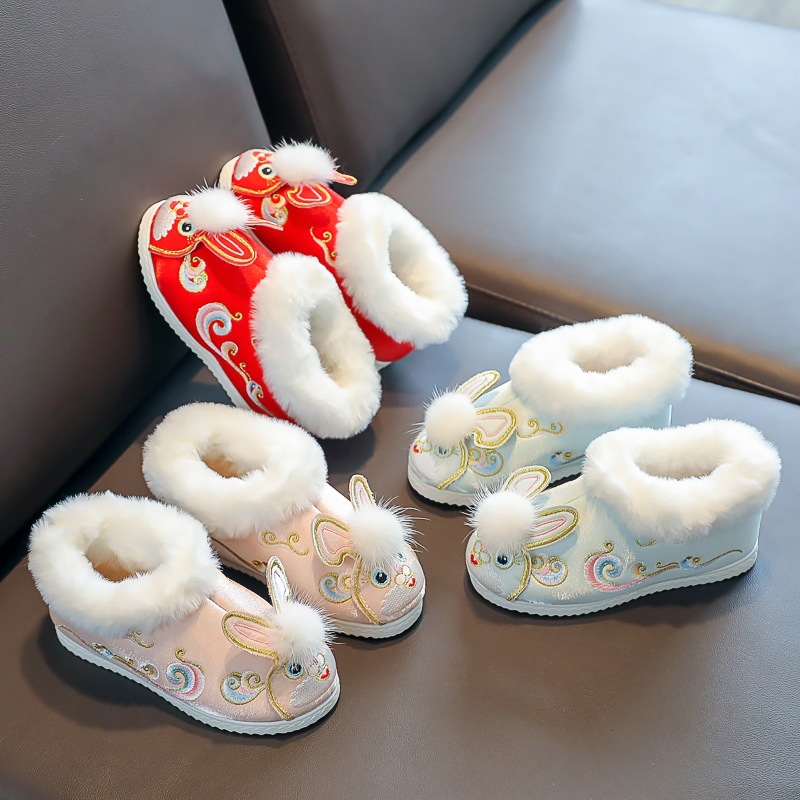 Зимние туфли ханьфу для девочек новогодние туфли детские вышитые туфли с флисовой подкладкой теплые ватные короткие ботинки в китайском стиле