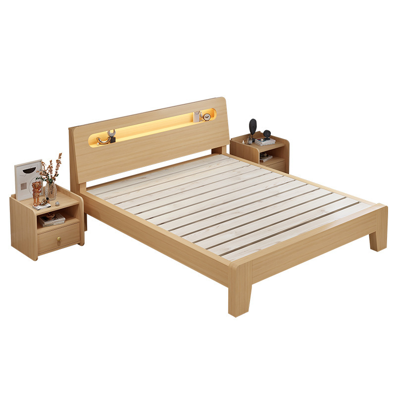 Solid Wood Bed Modern Minimalist Home Master Bedroom 1.68m m Double Bed Economical Rental Room Single Bed Frame 1.2