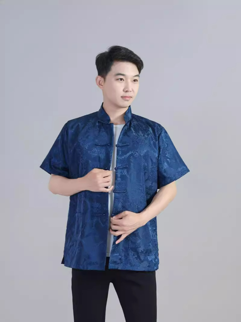 Wholesale Dropshipping Satin Embroidery Internet Celebrity Chinese Style Hanfu Silk Men's Short-Sleeved Tops Chinese Style Ancient Tang Suit