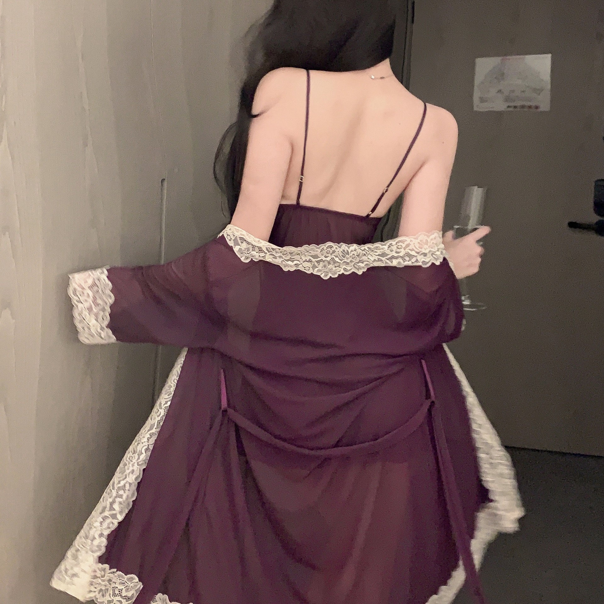 Customized *Xishi Sexy Lace Temptation Pure Desire Hot Mesh See-Through Intimates Robe Pajamas Outer Robe Set