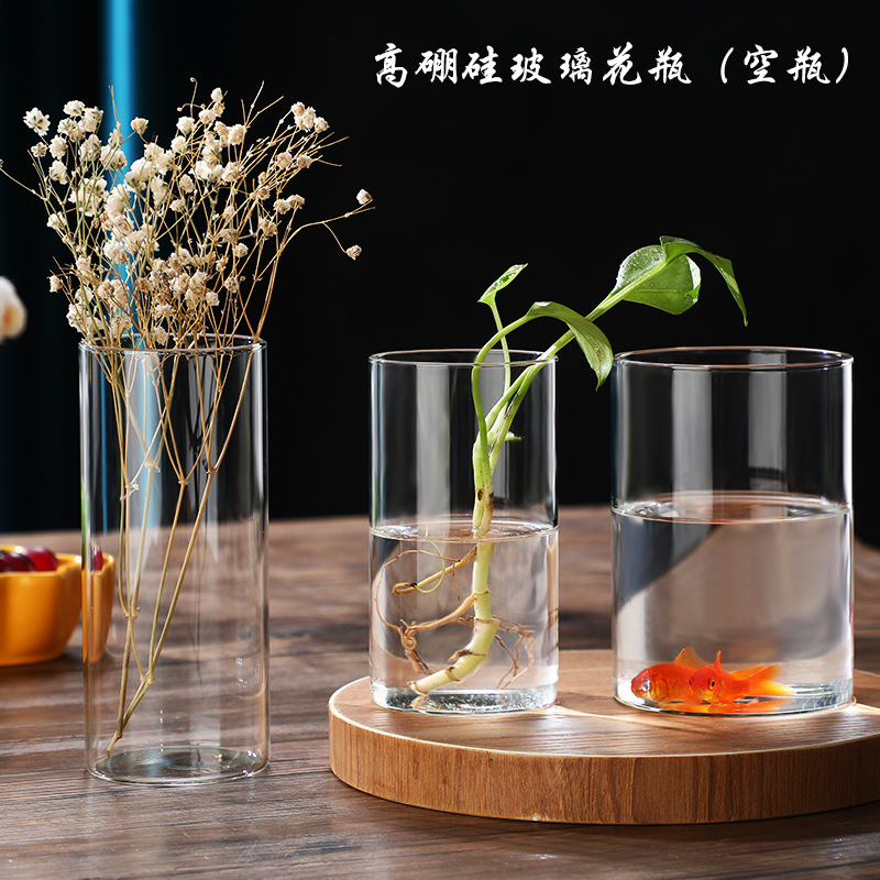 High Borosilicate Glass Vase Straight Cylindrical Hydroponic Plant Bottle Decorative Ornaments Potted Vase Vase Wholesale in Stock