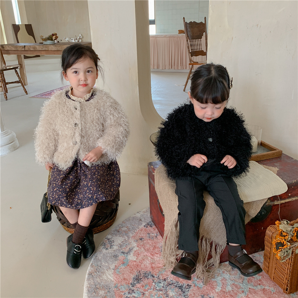 Girls' Western Style Woolen Coat 2023 Winter Korean Style Children's Wear Baby Girls' Light Luxury Fur Short Coat Trendy Style Cardigan