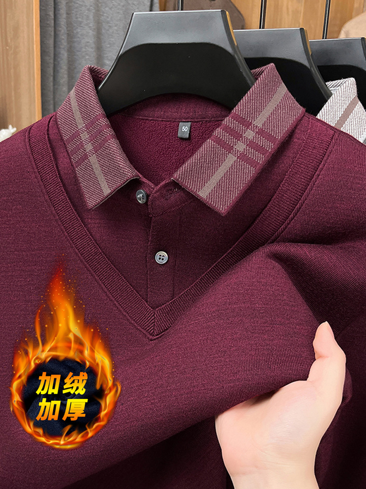 Dad's Winter Sweater with Fleece Lining, Thickened Two-In-One Design for Middle-Aged Men, Casual Shirt Collar, Warm Knitted Base Sweater
