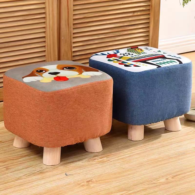 Shoe Changing Stool, Fabric Stool, Small Wooden Stool, Sofa Stool, Cartoon Stool, Household Solid Wood Square Stool, Event Gift Stool