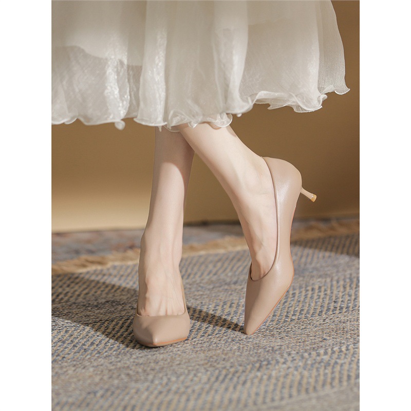 2025 Spring and Autum 5cm Nude High Heels Women's Stiletto New Shallow Mouth Bridesmaid Shoes Pointed Toe Flats Genuine Leather