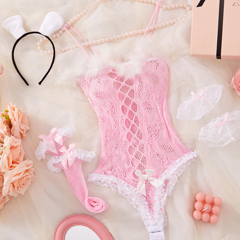 Europe and the United States cross-border plus size sexy lingerie sexy cute rabbit conjoined lace uniform mesh suit foreign trade