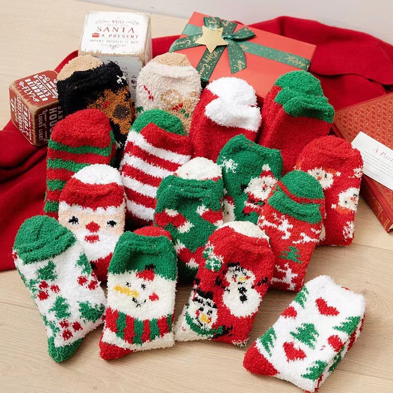 Red Coral Fleece Christmas Socks Reindeer Snowman Christmas Socks New Year Gift Socks Cartoon Plush Thickened Warm