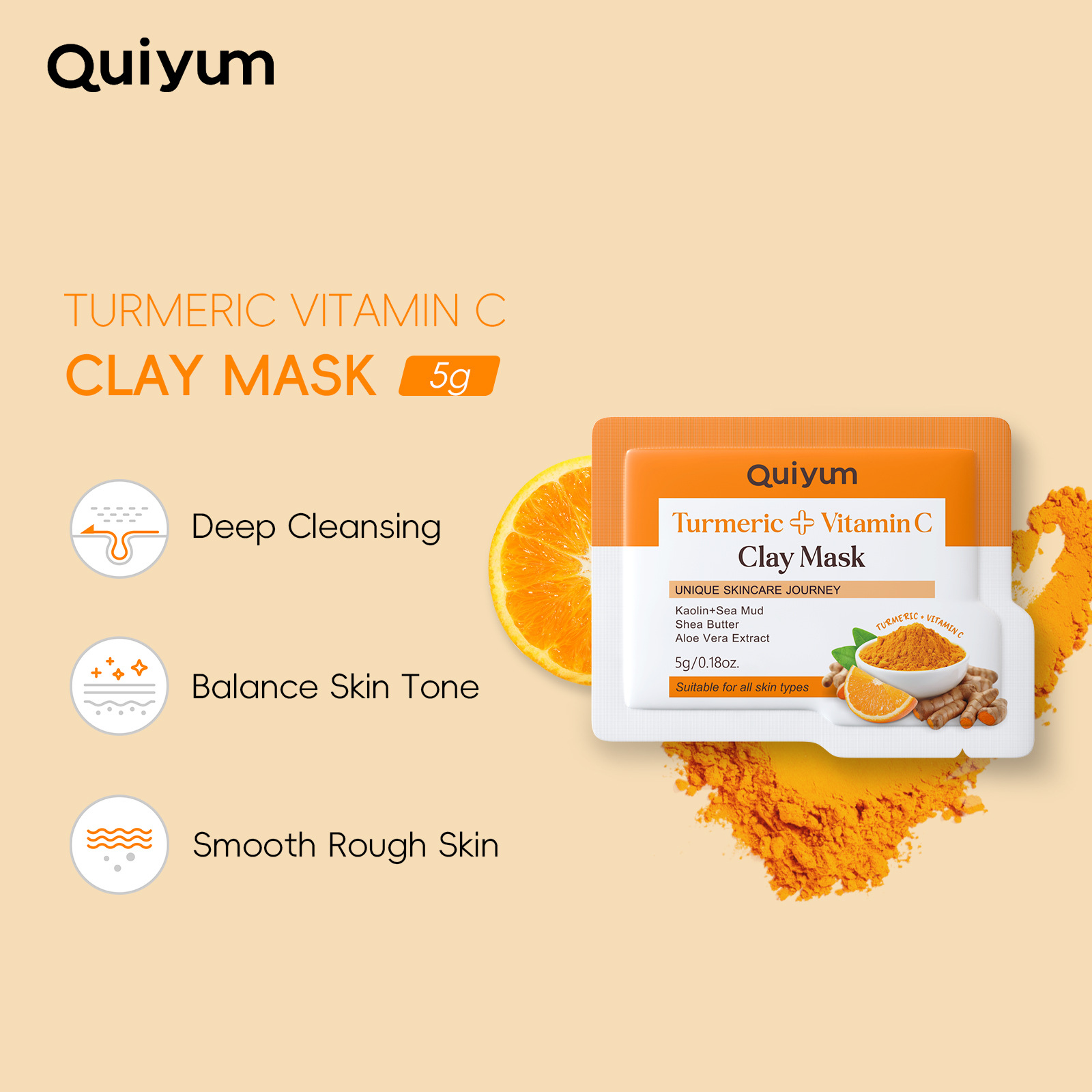 Кросс-бордерная маска для лица Quiyum, английская, с куркумой и витамином C, увлажняющая и очищающая, экспортный лист 5г