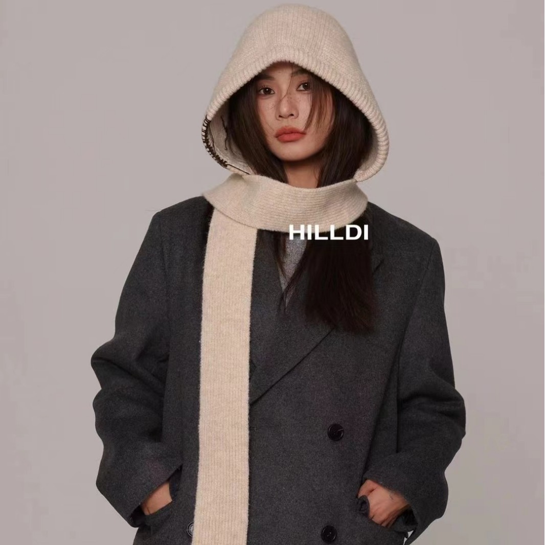 2024 новая осенне-зимняя однотонная вязаная шапка-шаль двойного назначения с теплым шарфом