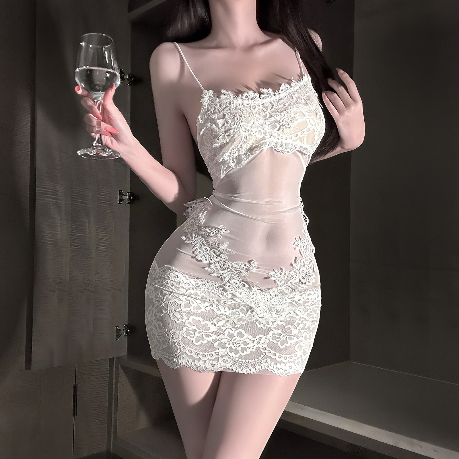 Luxurious Lingerie with French-Style Sheer Lace and Mesh, Sexy Camisole Nightdress