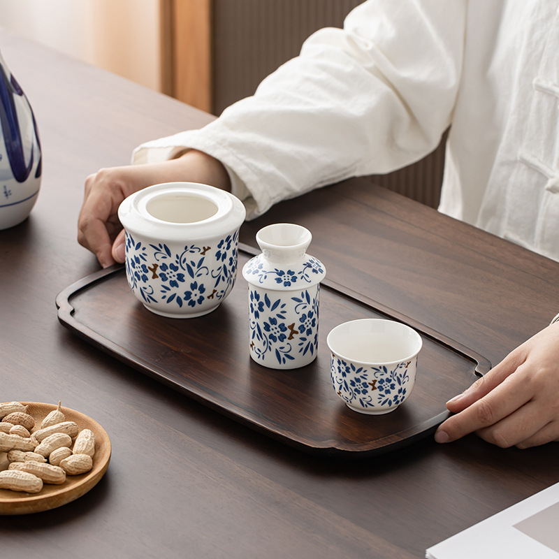 Blue and White Porcelain Wine Warmer suit Wine Glass Portable Handbag Wine Warming Pot Household Hot Wine Warming Chinese Style Wine Utensils