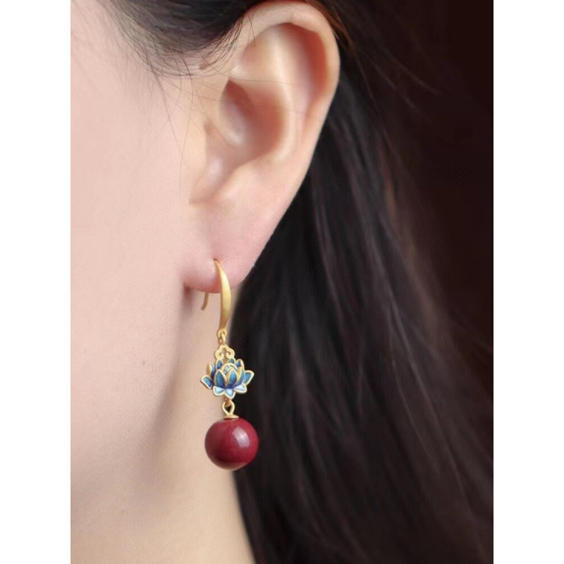 Authentic S925 Sterling Silver Gold-Plated Inlaid Purple Gold Sand Cinnabar Red Earrings for Women National Trend Palace Style Burnt Blue Lotus Authentic