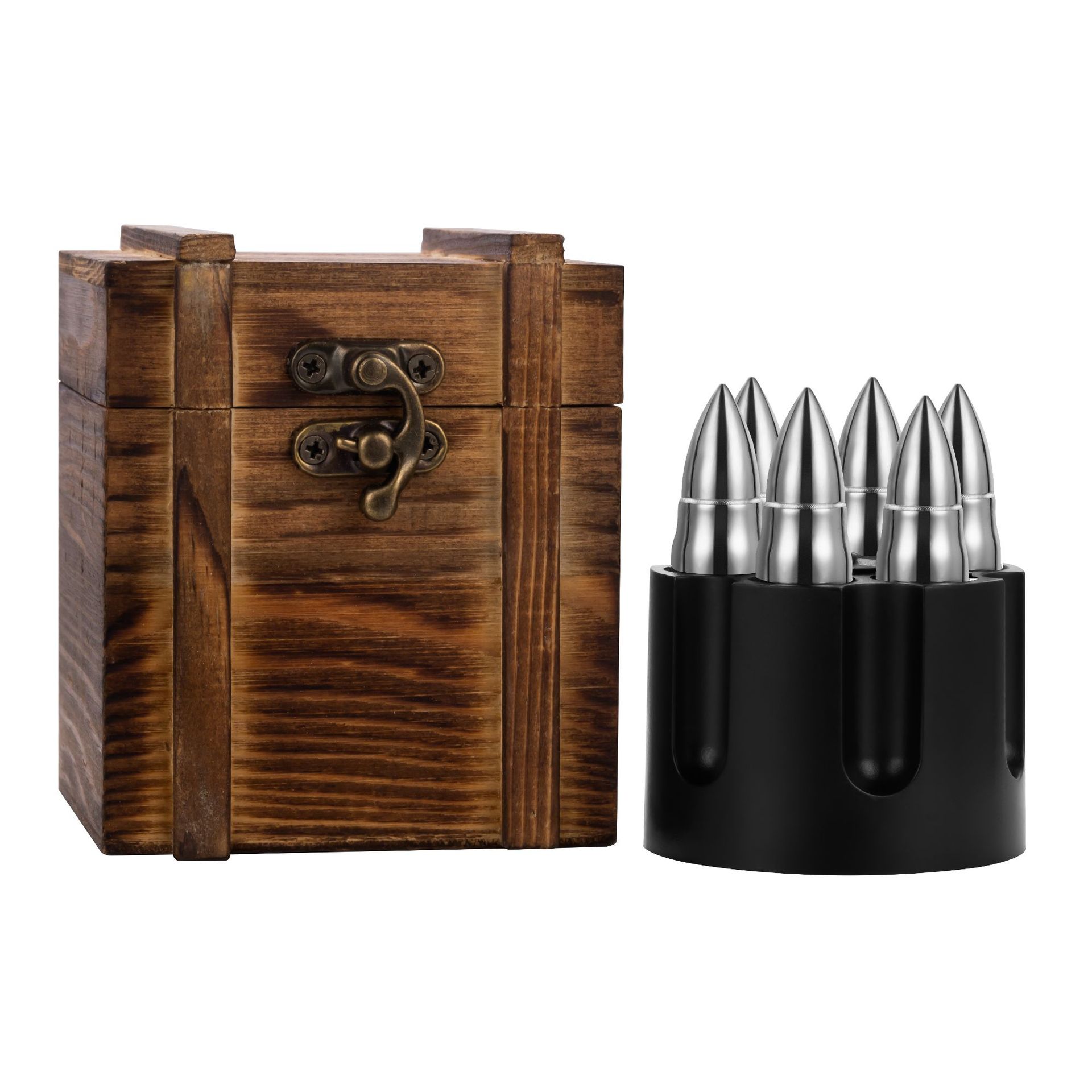 Набор кубиков льда в форме пули для виски в деревянной коробке, золото/серебро