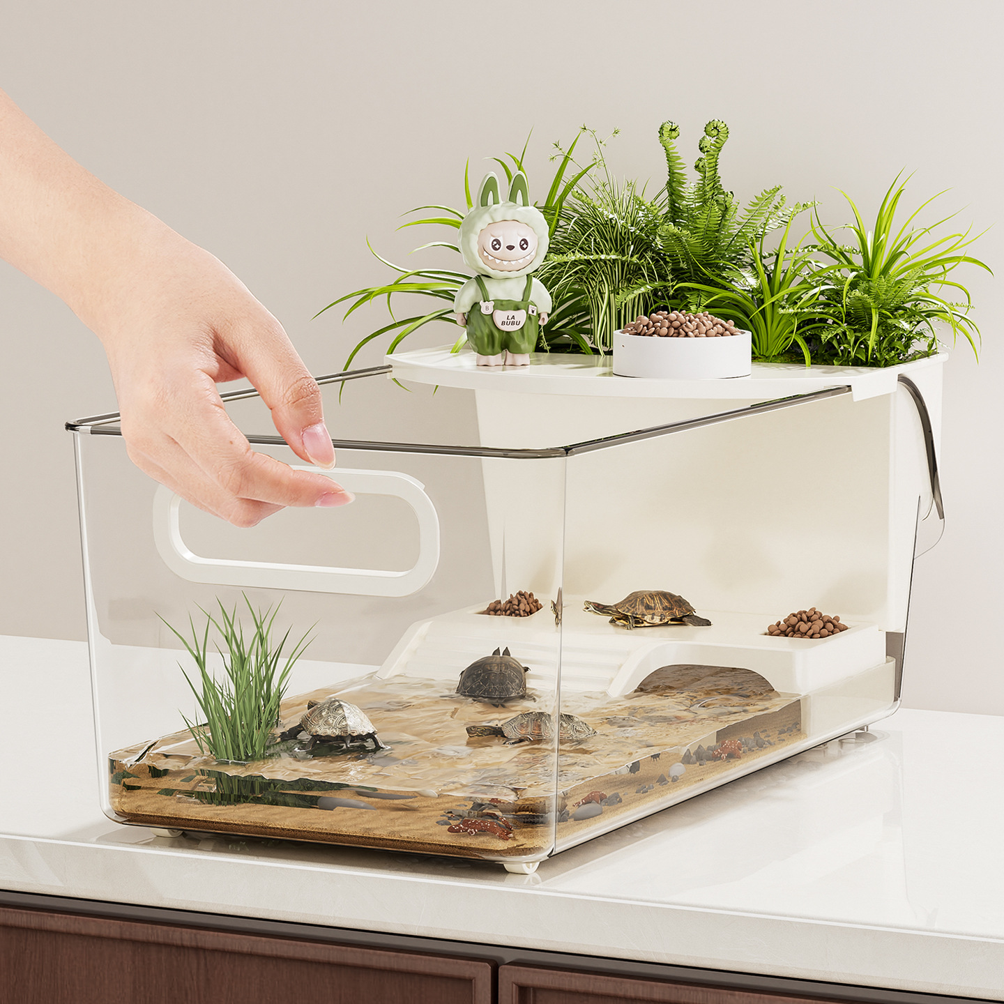 Turtle Breeding Tank with Plastic Platform, Ecological Landscaping, Small Fish Tank for Home Use, Small Reptile Pet Desktop Living Room Breeding Box