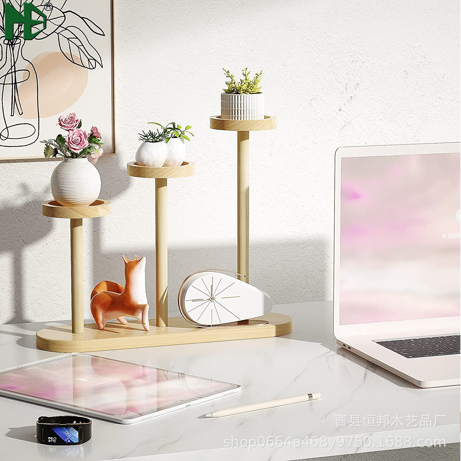 Wooden Desktop Flower Rack Balcony Bay Window Meat Rack Office Desk Mini Flower Pot Rack Decorative Rack Multi-Layer Storage Rack