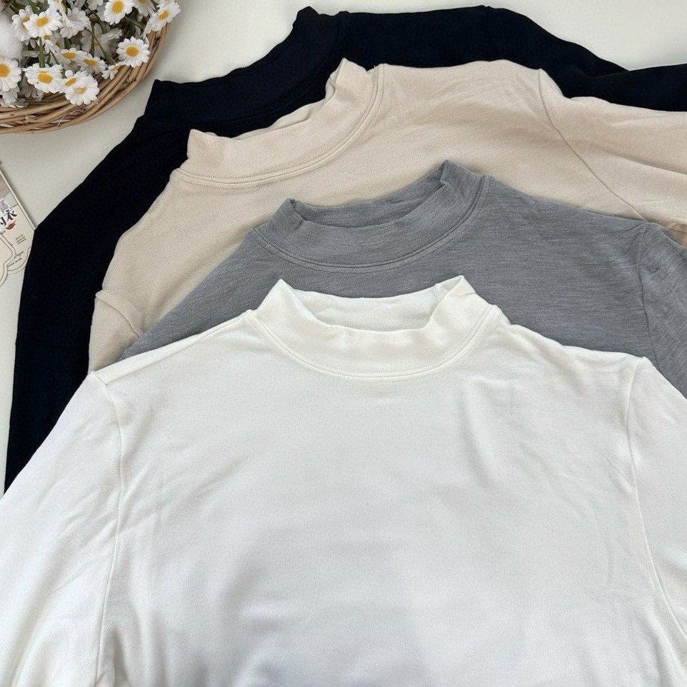 Cashmere Protein Mid-Collar Single-Piece Pure Color Long-Sleeved Warm Base Layer Shirt for Women with Built-In Chest Pad Simple Outer Top 5219