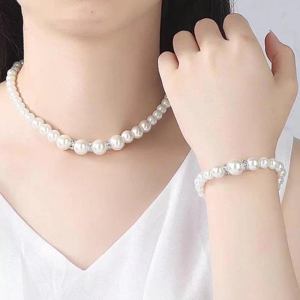 ABS pearl jewelry suit women's necklace earrings bracelet three-piece set gift for Mother beautiful wedding photo accessories
