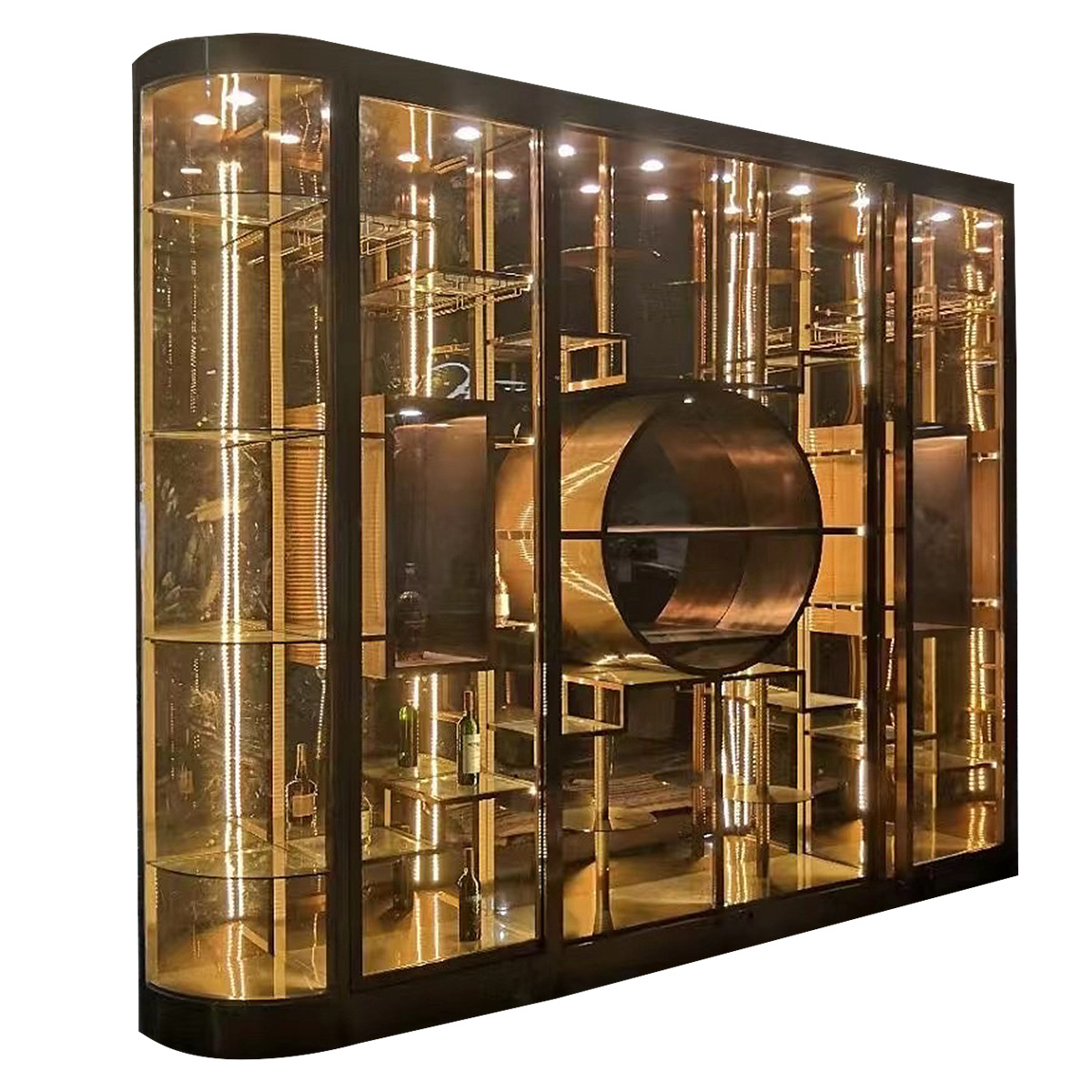 Light Luxury Wine Cellar Round Glass Wine Cabinet Wine Rack Villa Basement Constant Temperature and Humidity Stainless Steel Wine Cabinet Display Cabinet