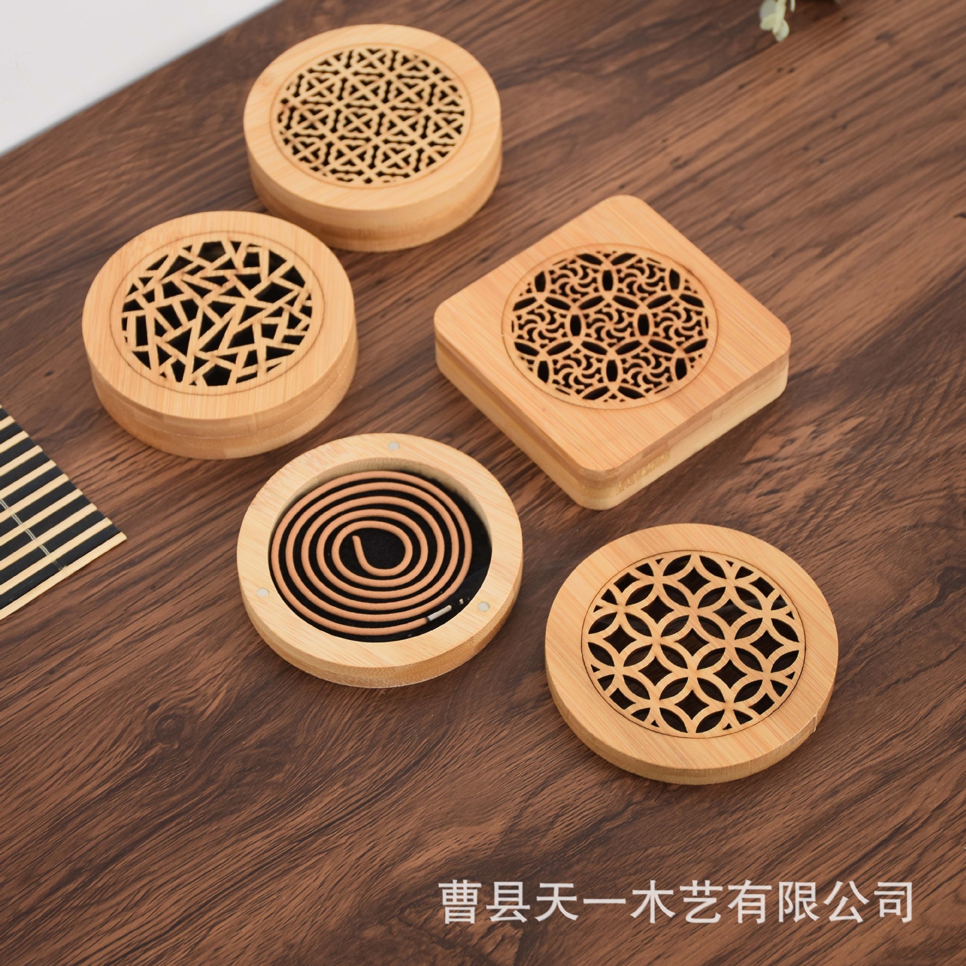 in stock Wooden Fragrance Box Round Square Household Sandalwood Disc Line Fragrance Box Chinese-style Hollow Lying Fragrance Box Bamboo Aromatherapy Stove