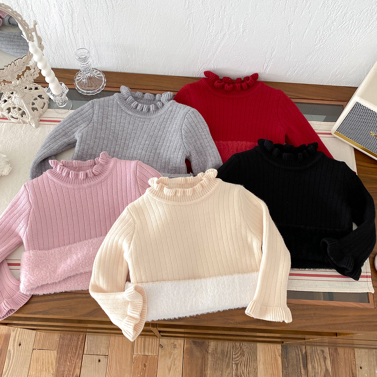 Autumn and Winter Bottoming Shirts for Infants and Young Children, Korean Style Fungus-Edged Knitwears, Slim-Fitting Velvet Style One-Year-Old Baby Knitted Knitwears