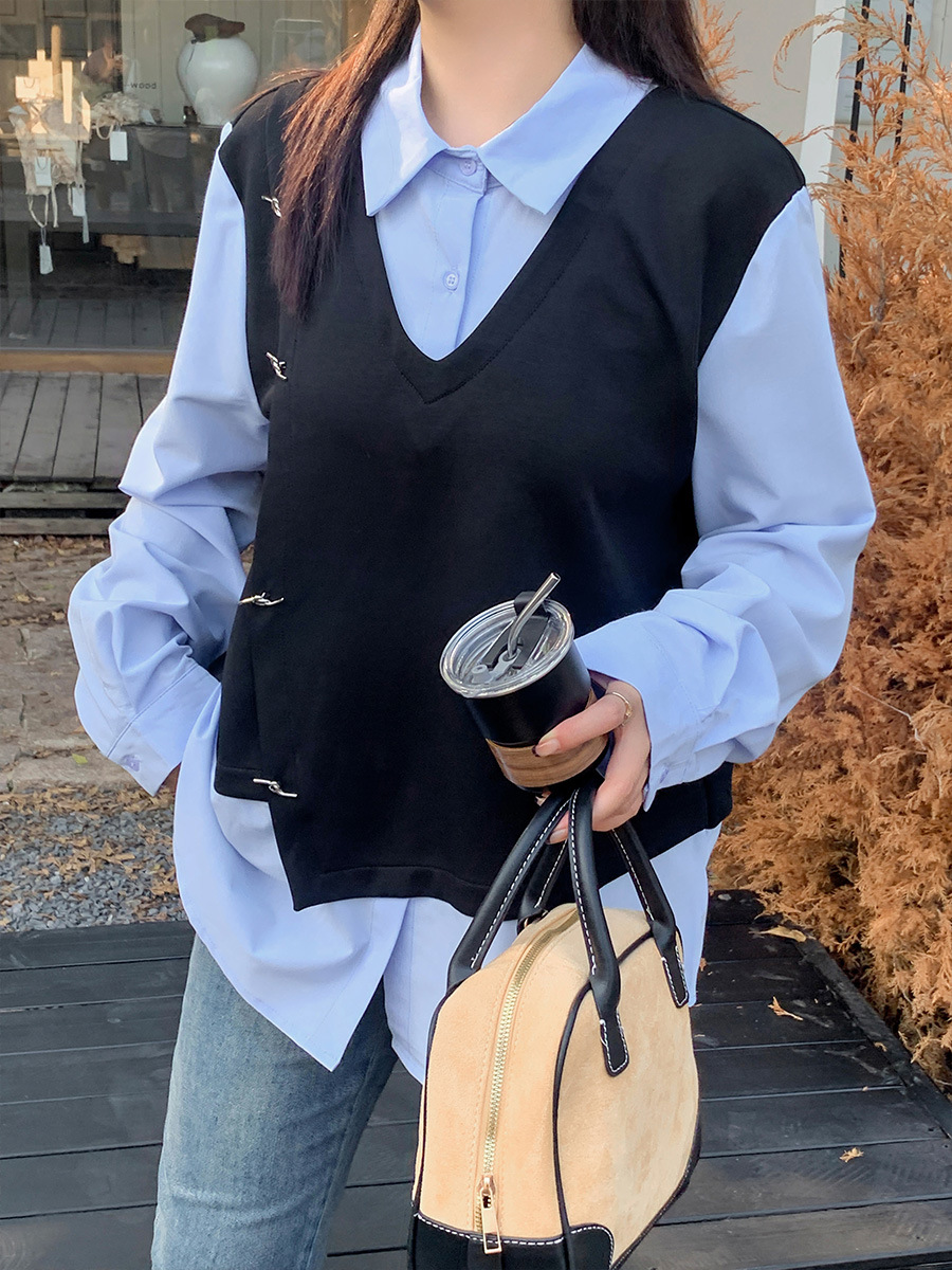 Double Day Plus Size Fat Girl Slimming Look Design Fake Two-Piece Vest Shirt Women's Polo Collar Long-Sleeved Top 8693