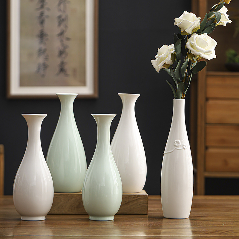 White Porcelain Jade Vase Flower Arrangement Vessel Home Decoration Celadon Ceramic Small Vase Guanyin Vase for Offering to Buddha Zen Style Flower Vase