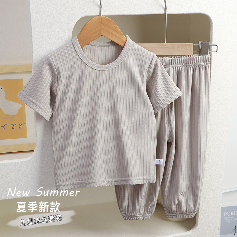 2025 Summer New Children's Home Clothes Korean Style Casual Men's and Women's Solid Color Suits Children's Pajamas Children's Clothing Wholesale