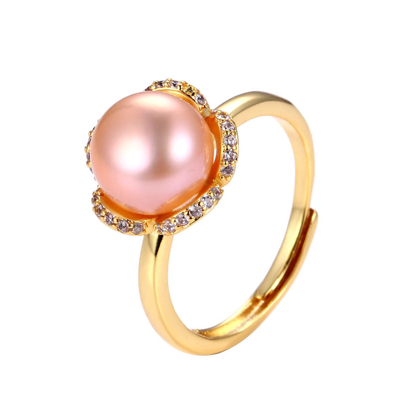 Cross-Border New Freshwater Pearl Petals Micro-Inlaid Ring for Women Adjustable Creative Personalized Ring DIY Empty Support Jewelry