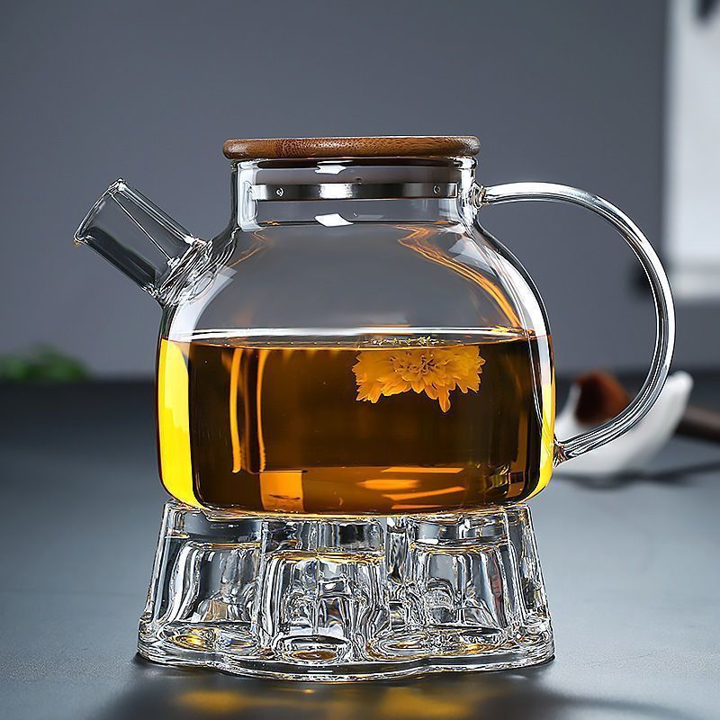 Glass Teapot with Flower Design, Filter, Household Bamboo Lid, Candle Tea Brewing, Heat-Resistant with Lid, Candle Holder, Wholesale