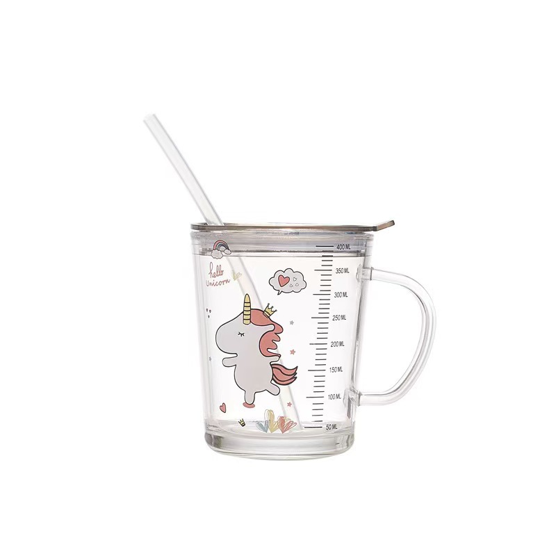 Cartoon Milk Cup with Scale, Kidsren's Straw Cup, Creative Gift Cup, Glass Cup with Handle, Breakfast Cup, Coffee Cup